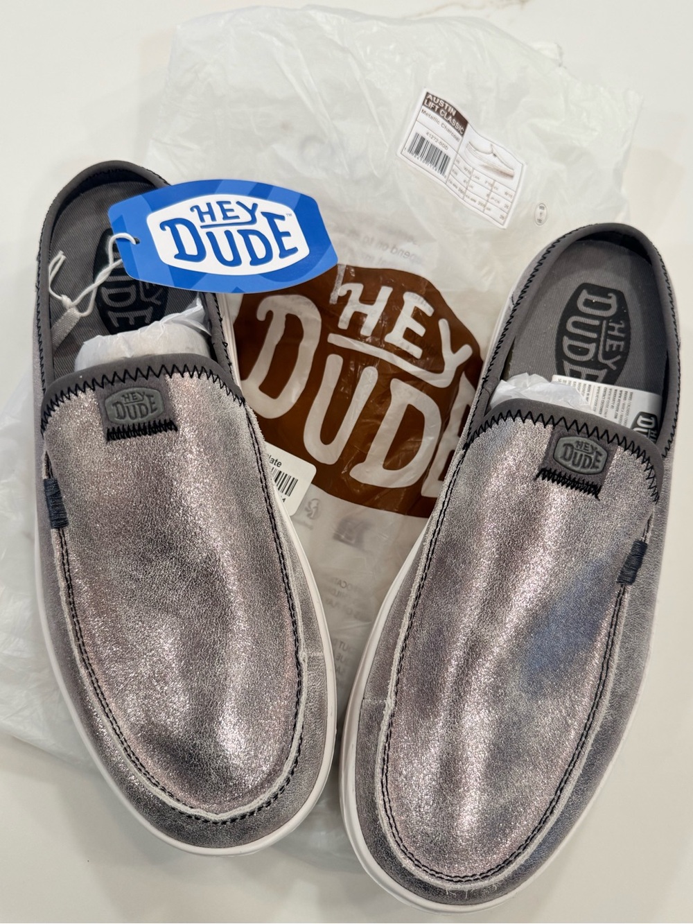 NWT HEYDUDE Austin Lift Classic Metallic Charcoal Platform Mule Loafers Size 10